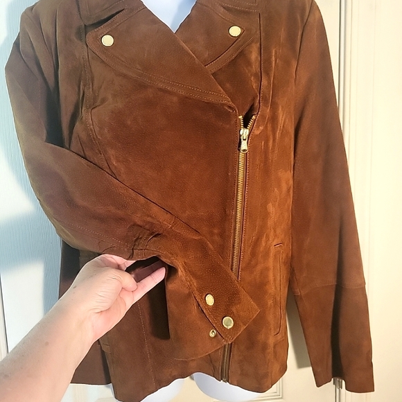 Isaac Mizrahi Brown Suede Moto Zip Jacket NWOT Size 16 - Picture 4 of 8